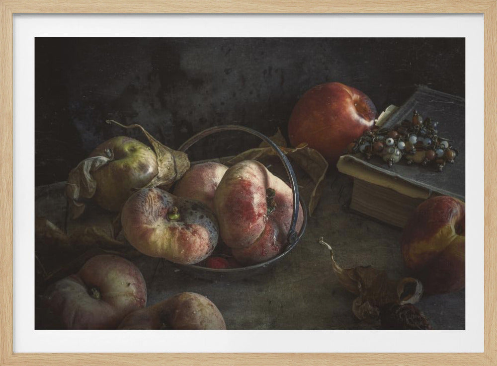 Stilleben med bog og ferskner | Plakater - Kunsttryk