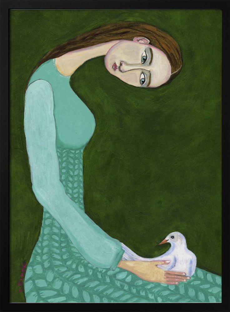 Dame sitzt mit weißer Taube Vogel Frau | Poster
