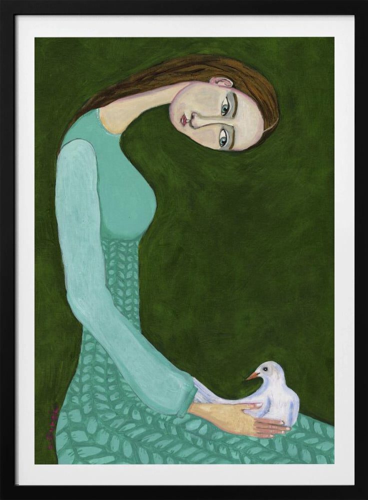 Dame sitzt mit weißer Taube Vogel Frau | Poster