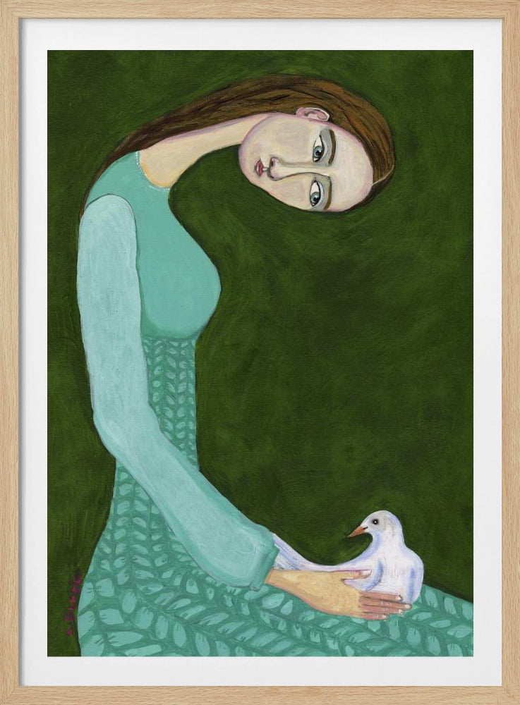 Dame sitzt mit weißer Taube Vogel Frau | Poster