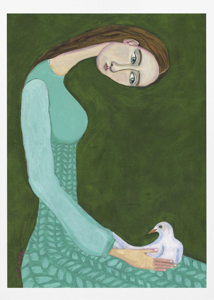 Dame sitzt mit weißer Taube Vogel Frau | Poster