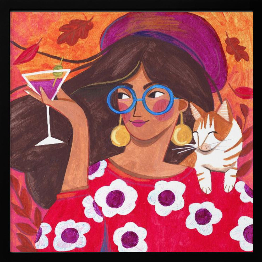 Modern Autumn portrait Woman with Cat | Poster