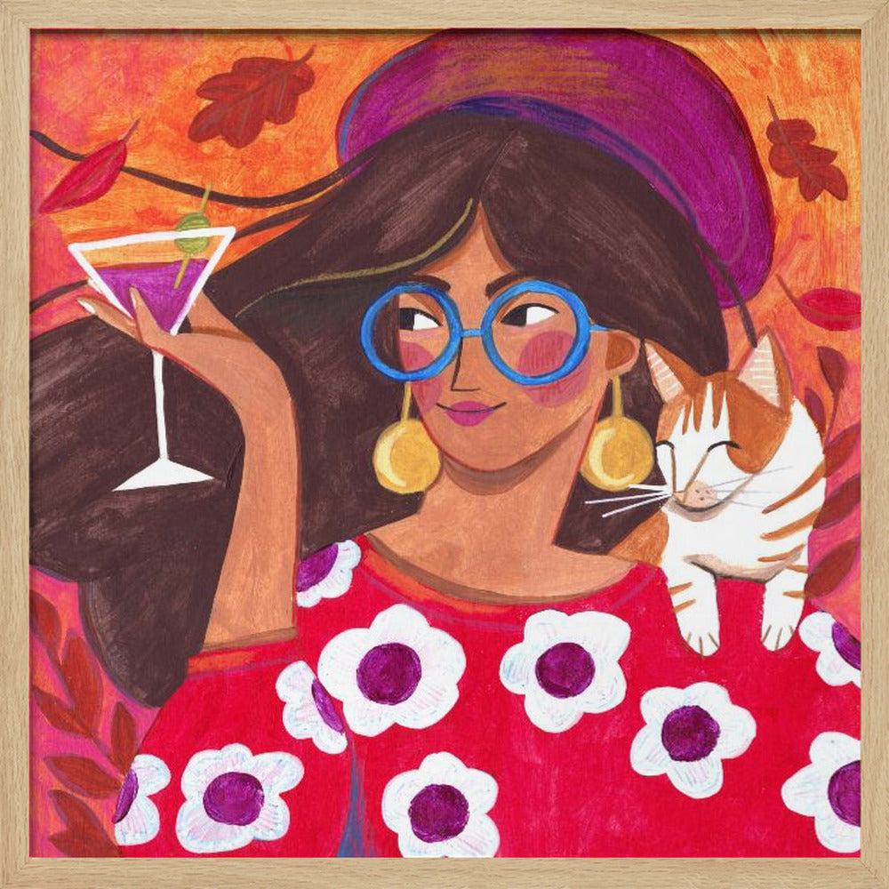 Modern Autumn portrait Woman with Cat | Poster