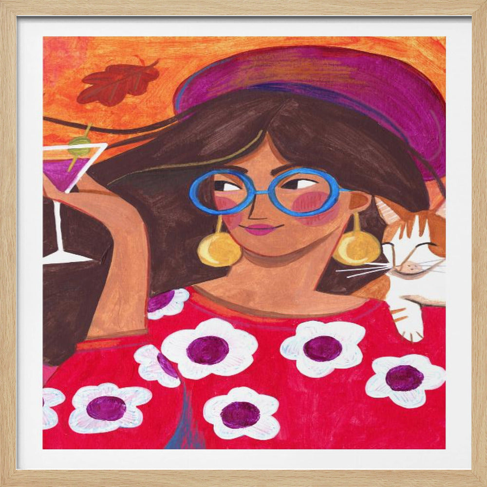 Modern Autumn portrait Woman with Cat | Poster
