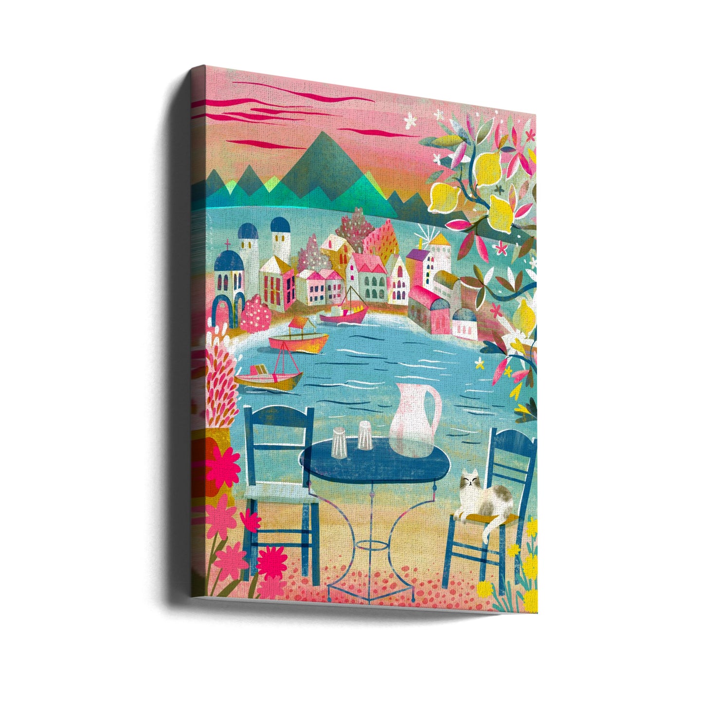 Greek Tavern With Cat Under Lemon Tree | Canvas