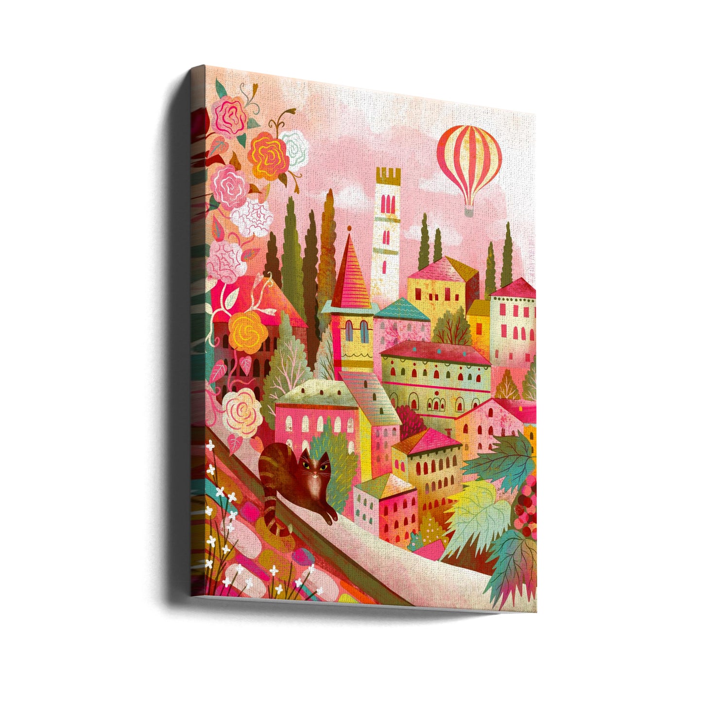 Italian Village With Cat On Wall | Canvas