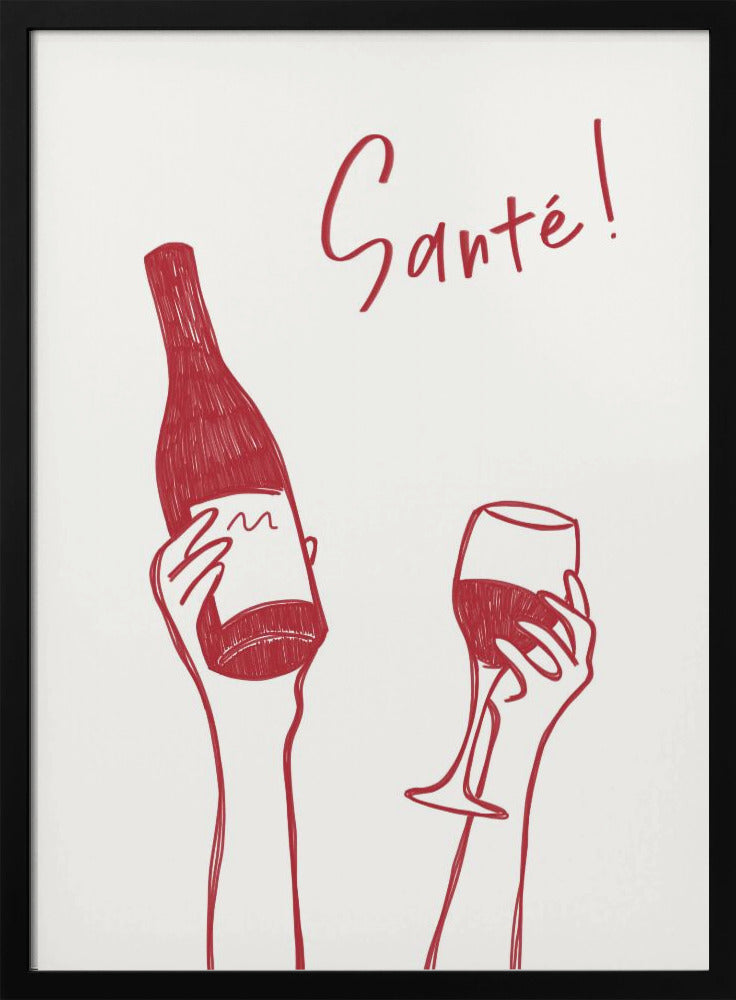 Hände halten eine Weinflasche und ein Weinglas mit dem Text „Prost!“ auf Französisch | Poster