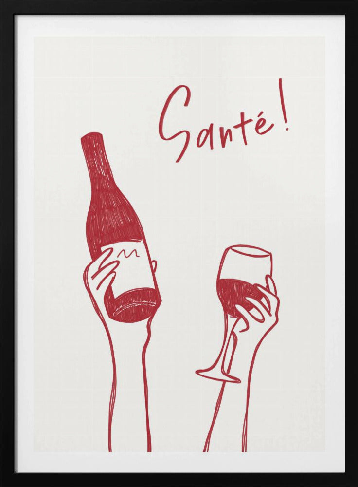 Hände halten eine Weinflasche und ein Weinglas mit dem Text „Prost!“ auf Französisch | Poster