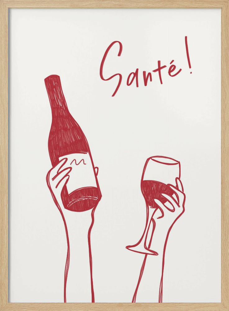 Hände halten eine Weinflasche und ein Weinglas mit dem Text „Prost!“ auf Französisch | Poster