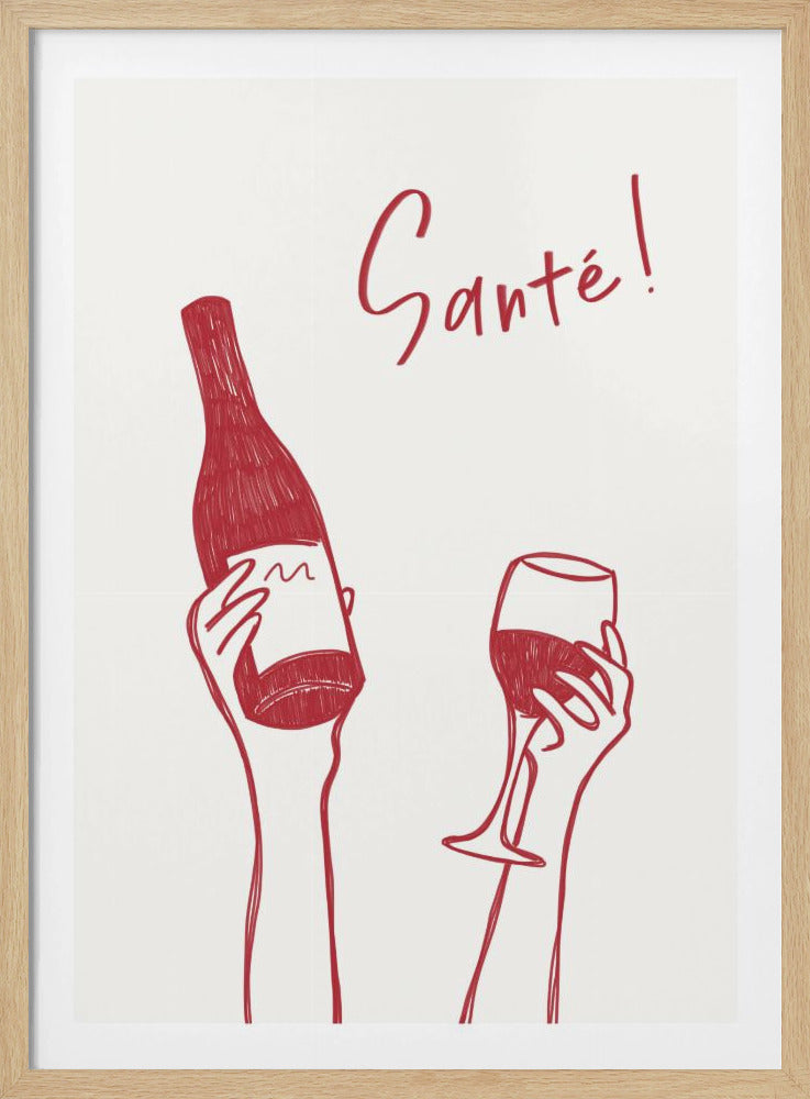 Hände halten eine Weinflasche und ein Weinglas mit dem Text „Prost!“ auf Französisch | Poster