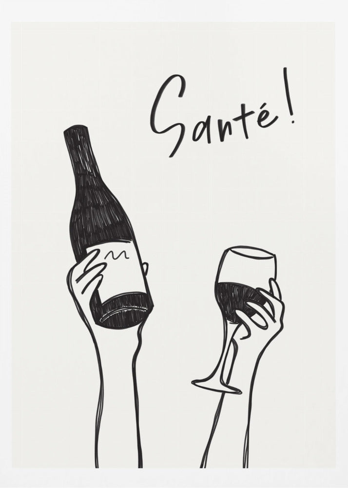 Hände halten eine Weinflasche und ein Weinglas mit dem Text „Prost!“ auf Französisch | Poster