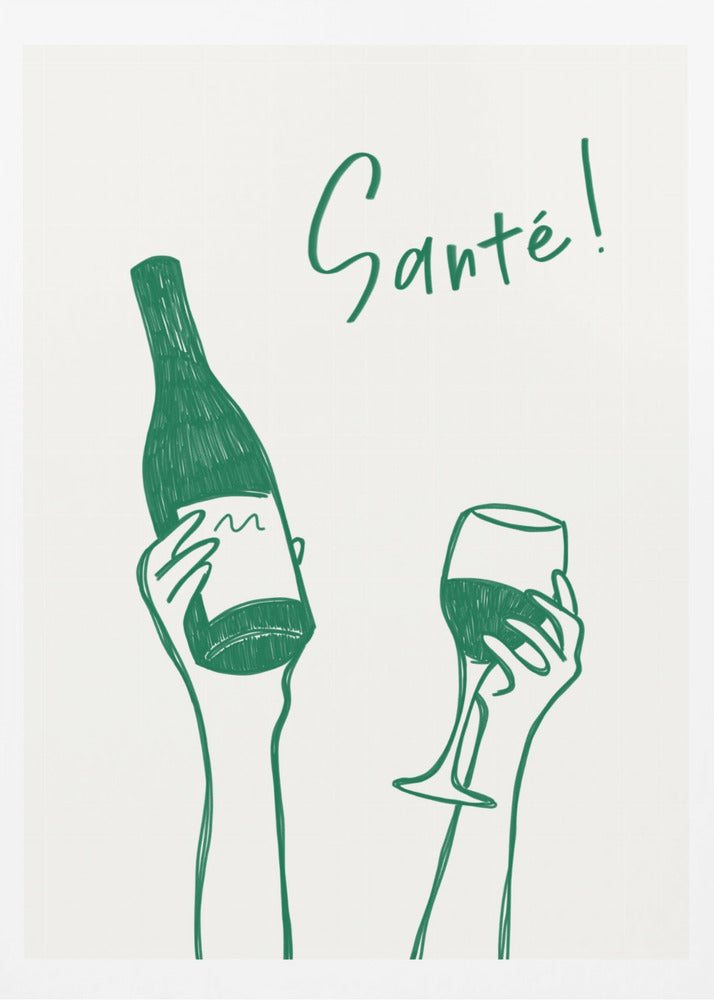 Hände halten eine Weinflasche und ein Weinglas mit dem Text „Prost!“ auf Französisch | Poster