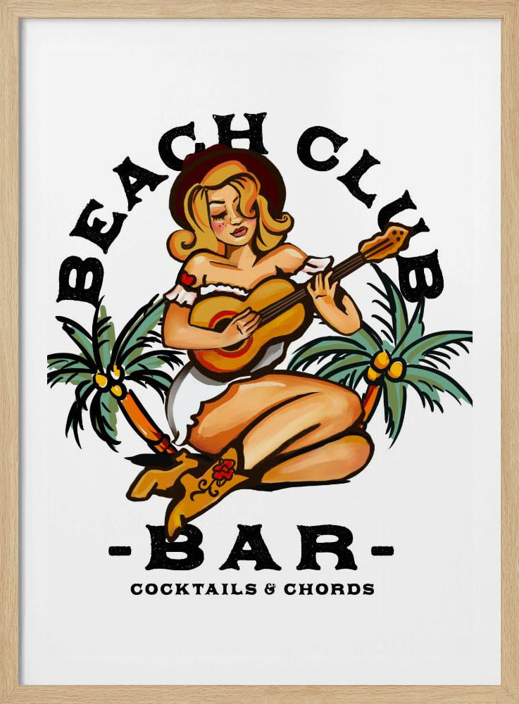 Beach Club Bar. Sailor Jerry Style Pin-up Girl Playing Guitar | Poster
