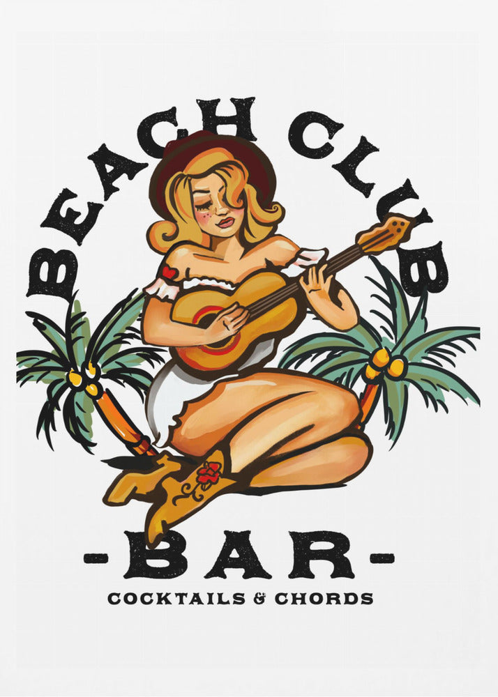 Beach Club Bar. Sailor Jerry Style Pin-up Girl Playing Guitar | Poster