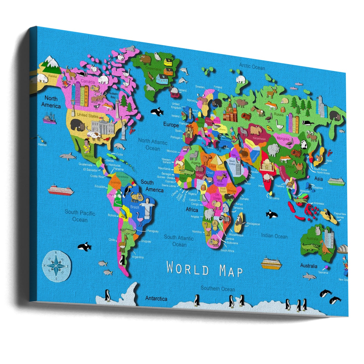Illustrated World Map with Countries and Continents by Carla Daly | Canvas