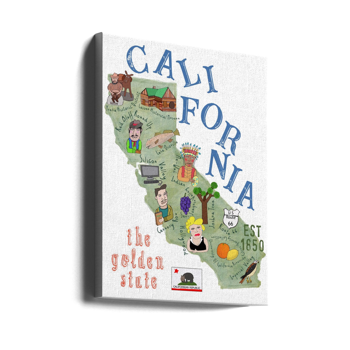 Illustrated Map of California with State Icons by Carla Daly | Canvas