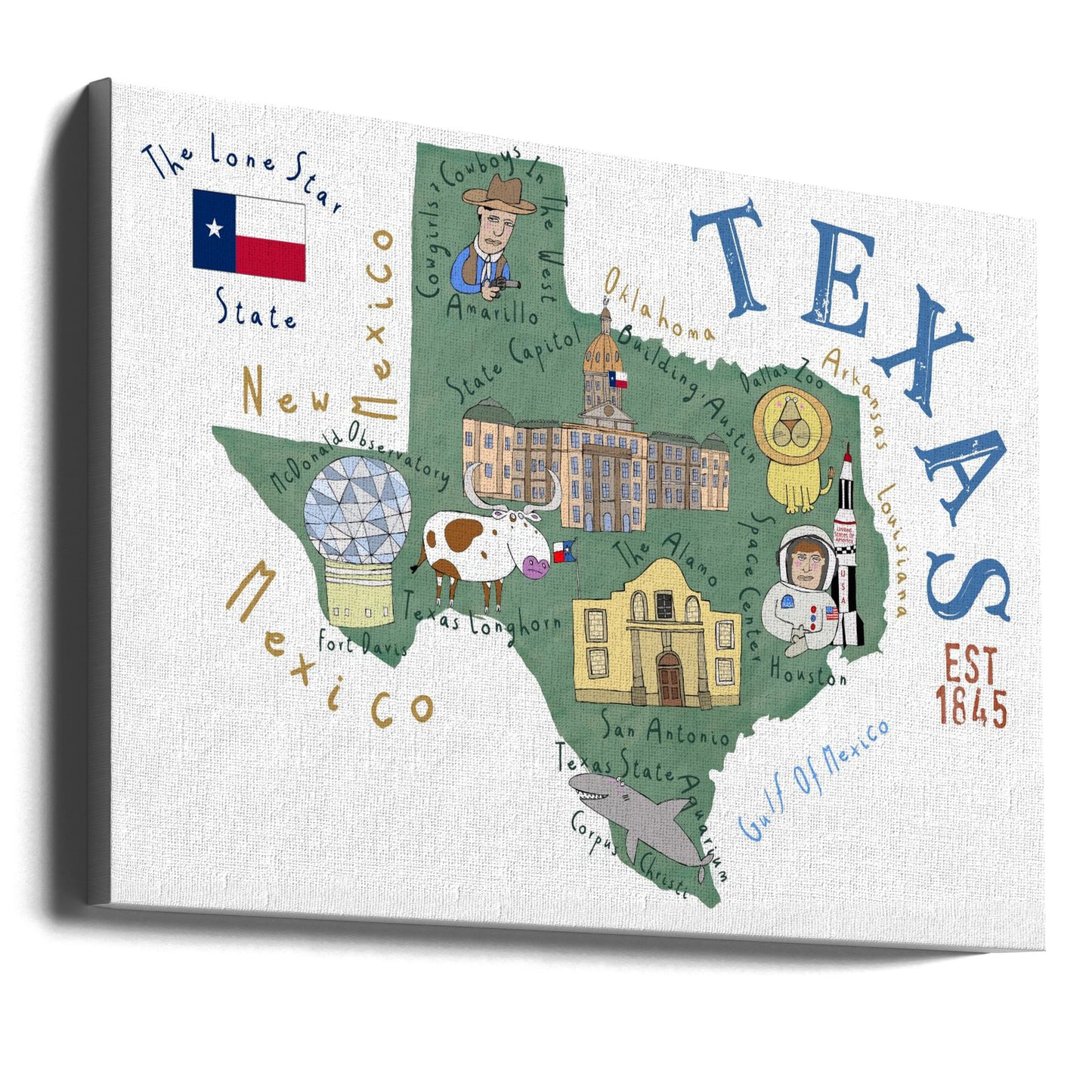 Texasin osavaltion kartta, kuvittanut taiteilija Carla Daly | Canvastaulut