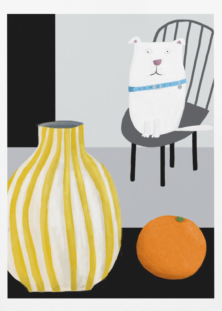 Lustiger weißer Hund mit gelb-weißer Vase mit Riemen von Carla Daly | Poster