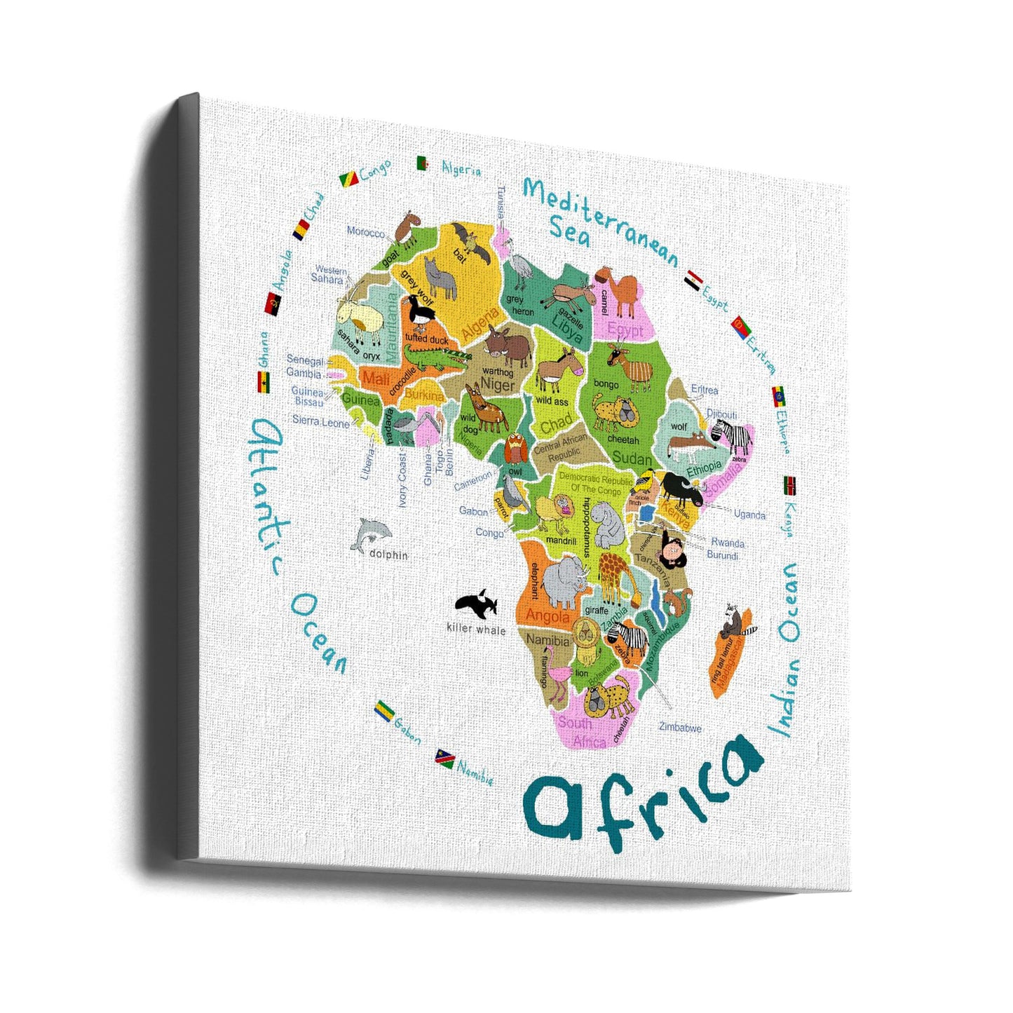 Kuvitettu Afrikan kartta maineen ja söpöine eläimineen, kirjoittanut Carla Daly | Canvastaulut