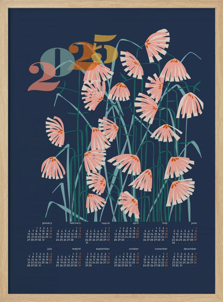 calendar 2025 Linocut flowers blue | Poster