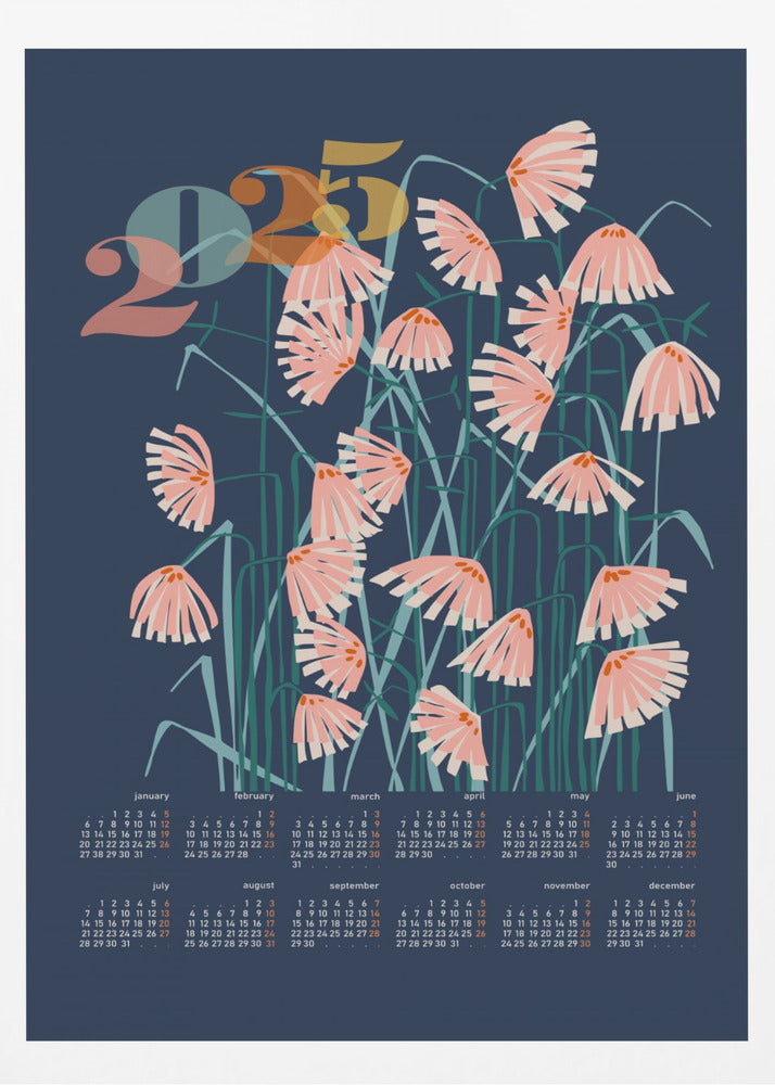 calendar 2025 Linocut flowers blue | Poster