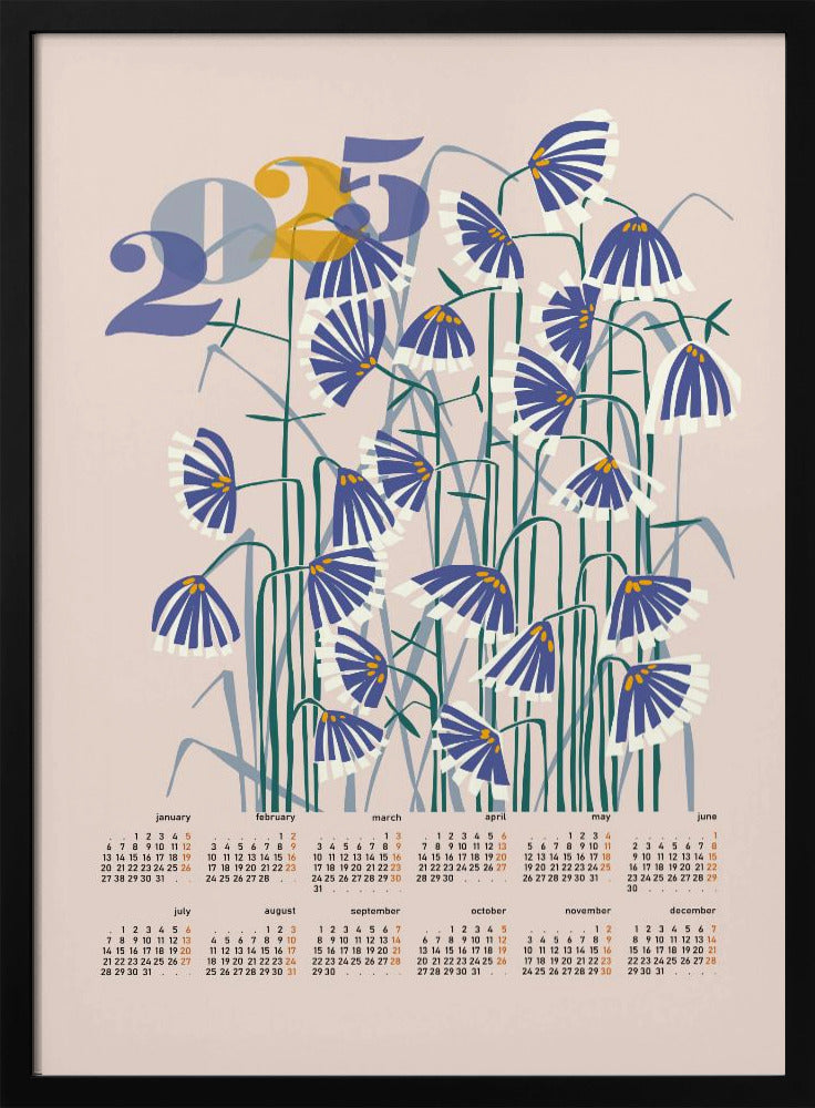 Kalender 2025 Linolschnitt Blumen Pfirsich Pastell | Poster