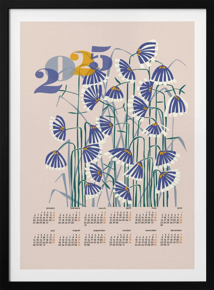 Kalender 2025 Linolschnitt Blumen Pfirsich Pastell | Poster