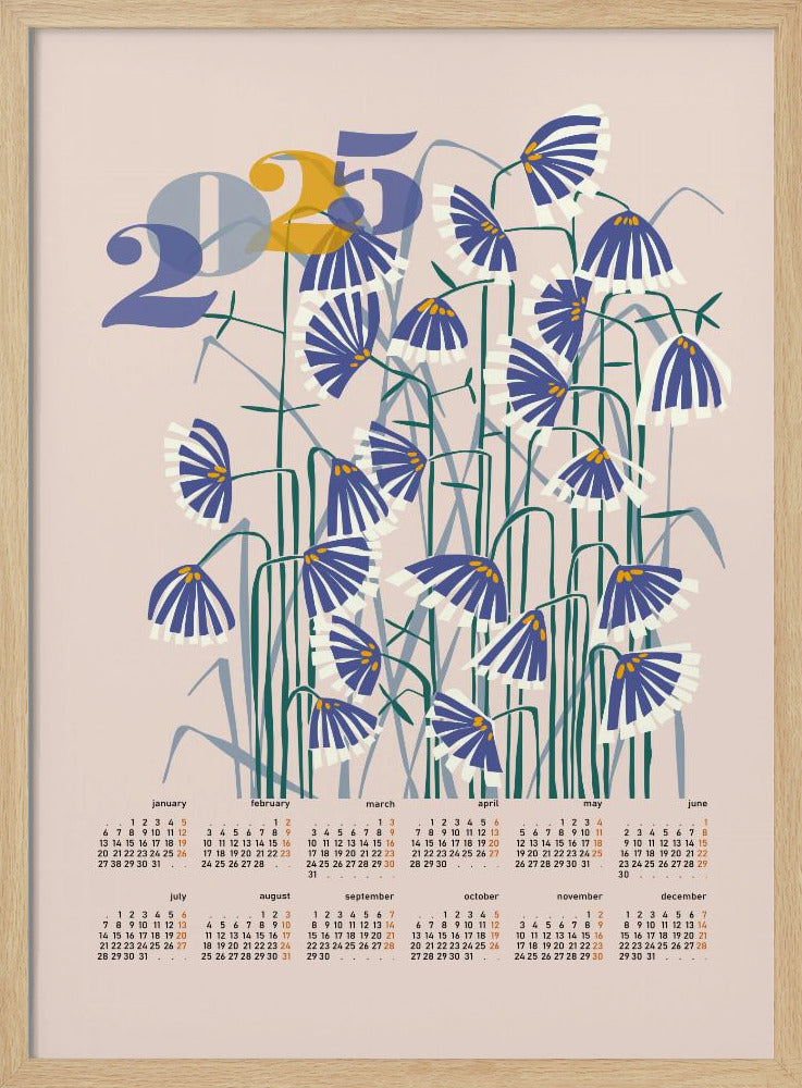 Kalender 2025 Linolschnitt Blumen Pfirsich Pastell | Poster