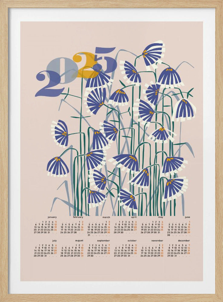 Kalender 2025 Linolschnitt Blumen Pfirsich Pastell | Poster