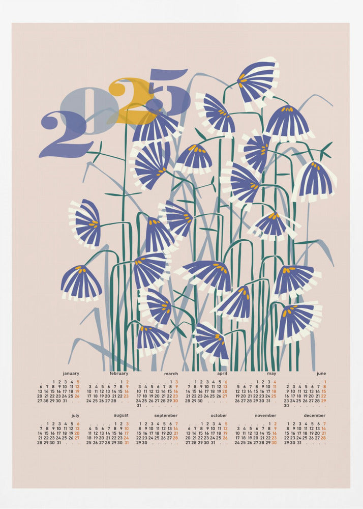Kalender 2025 Linolschnitt Blumen Pfirsich Pastell | Poster