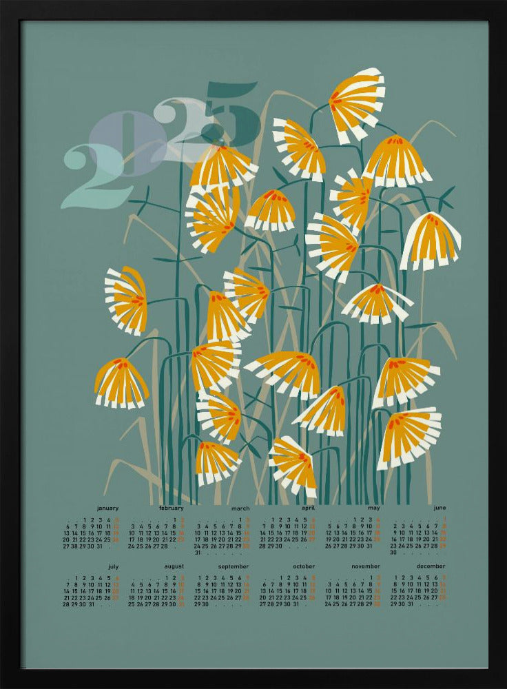 Kalender 2025 Linolschnitt Blumen grün | Poster