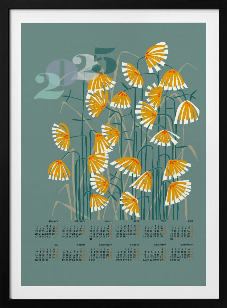 Kalender 2025 Linolschnitt Blumen grün | Poster