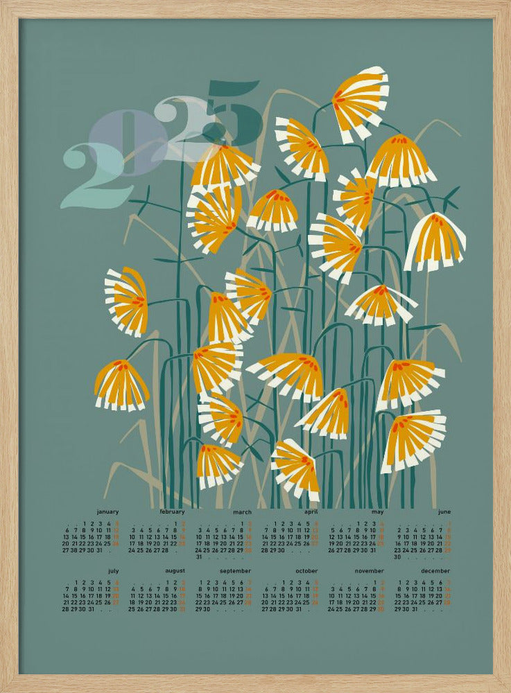 Kalender 2025 Linolschnitt Blumen grün | Poster