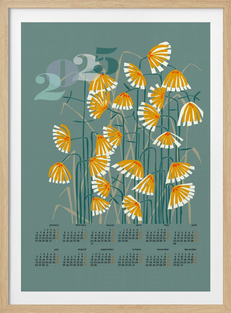 Kalender 2025 Linolschnitt Blumen grün | Poster