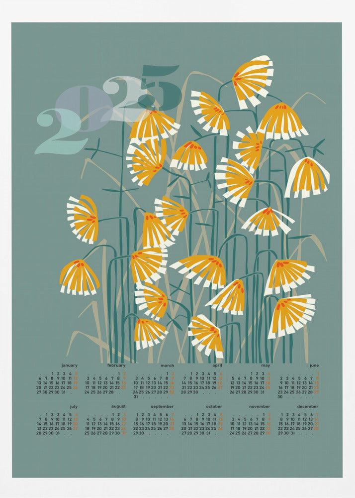Kalender 2025 Linolschnitt Blumen grün | Poster