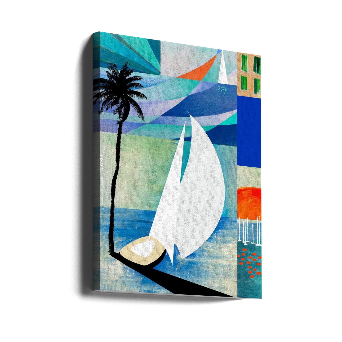 Farbenfroher mediterraner Reisekunstdruck mit Sonnenaufgang und Palme | Leinwand-Bilder