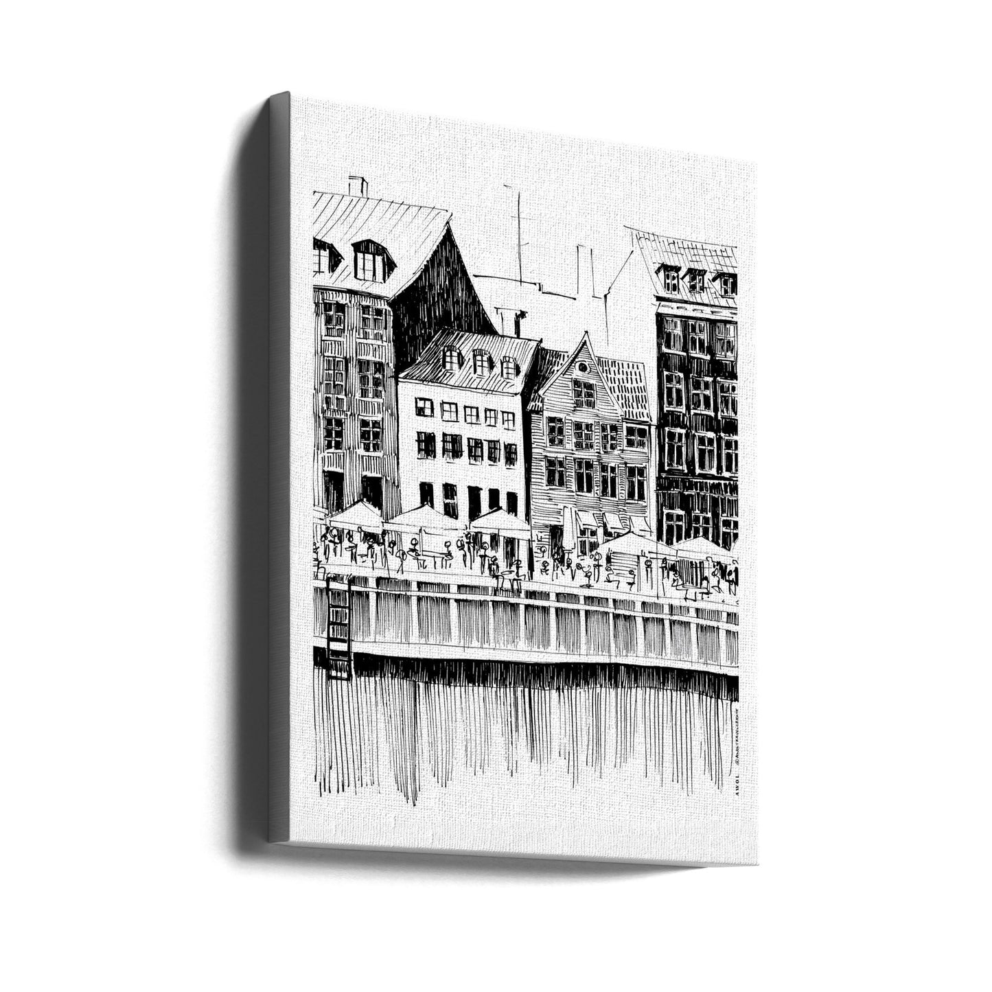 Kopenhagen Kunstdruck, Dänemark Reiseillustration mit Cafés am Wasser | Leinwand-Bilder