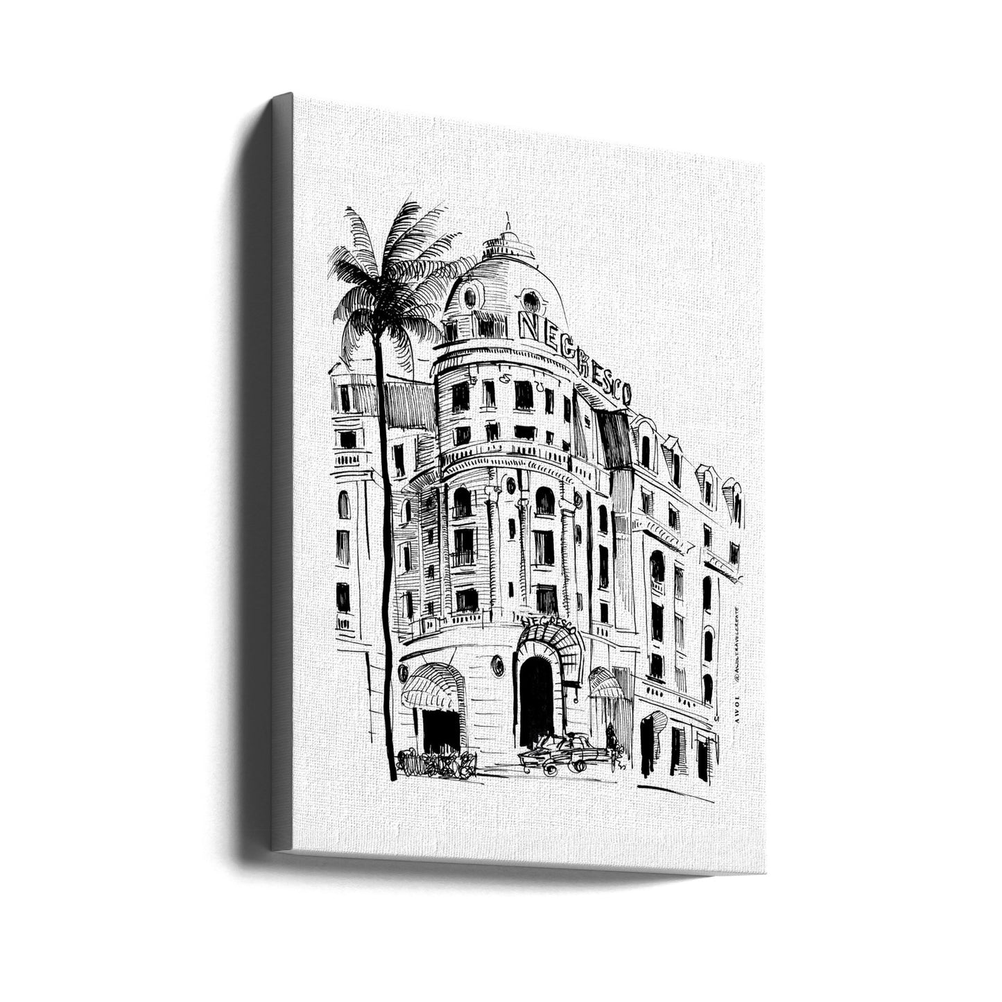 Nice, French Riviera Art Print With Negresco Hotel Architectural Drawing | Canvas