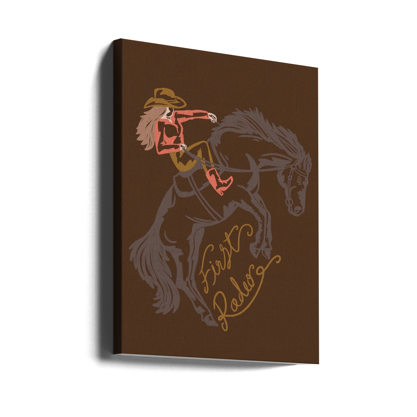 Kowbojka jadąca na stojącym na tylnych nogach koniu | Wydruki na łótnie