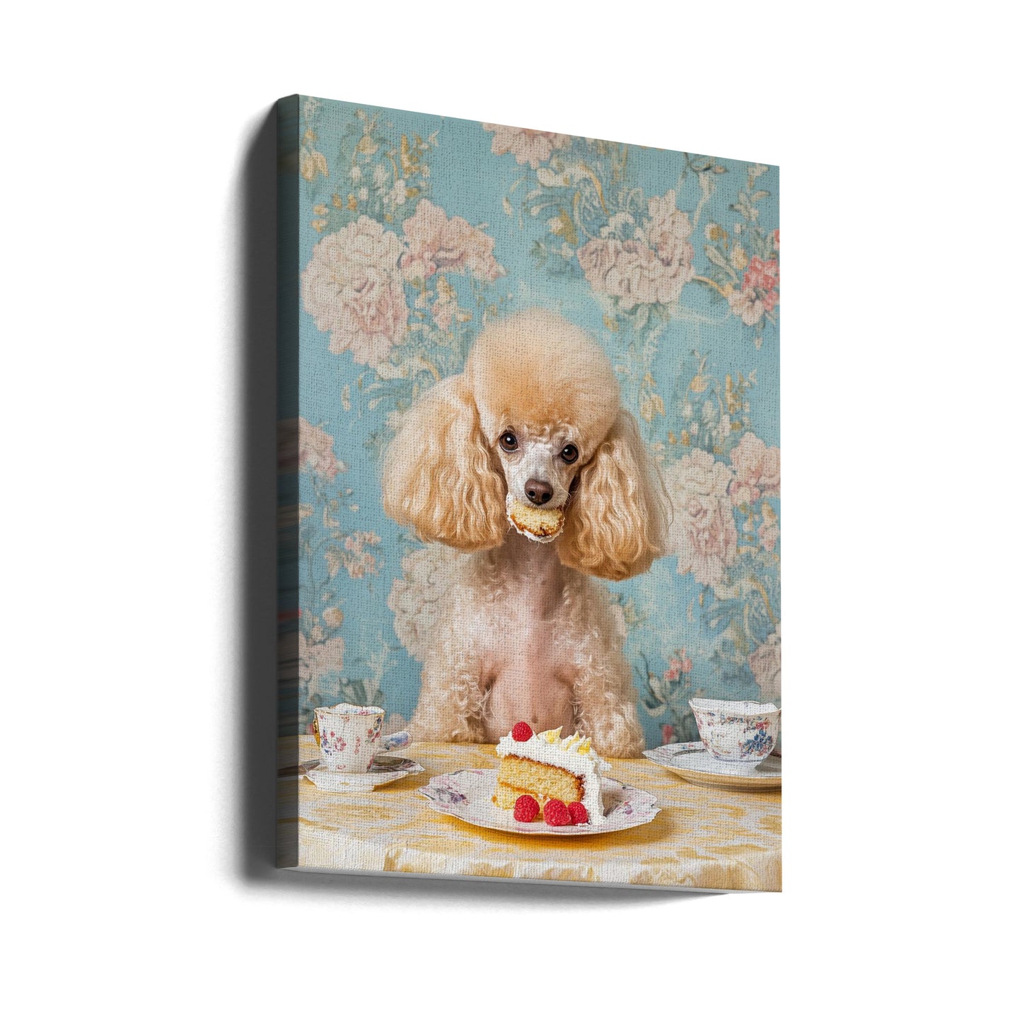 Caniche sentado en una mesa de té vintage | Impresiones en Lienzo