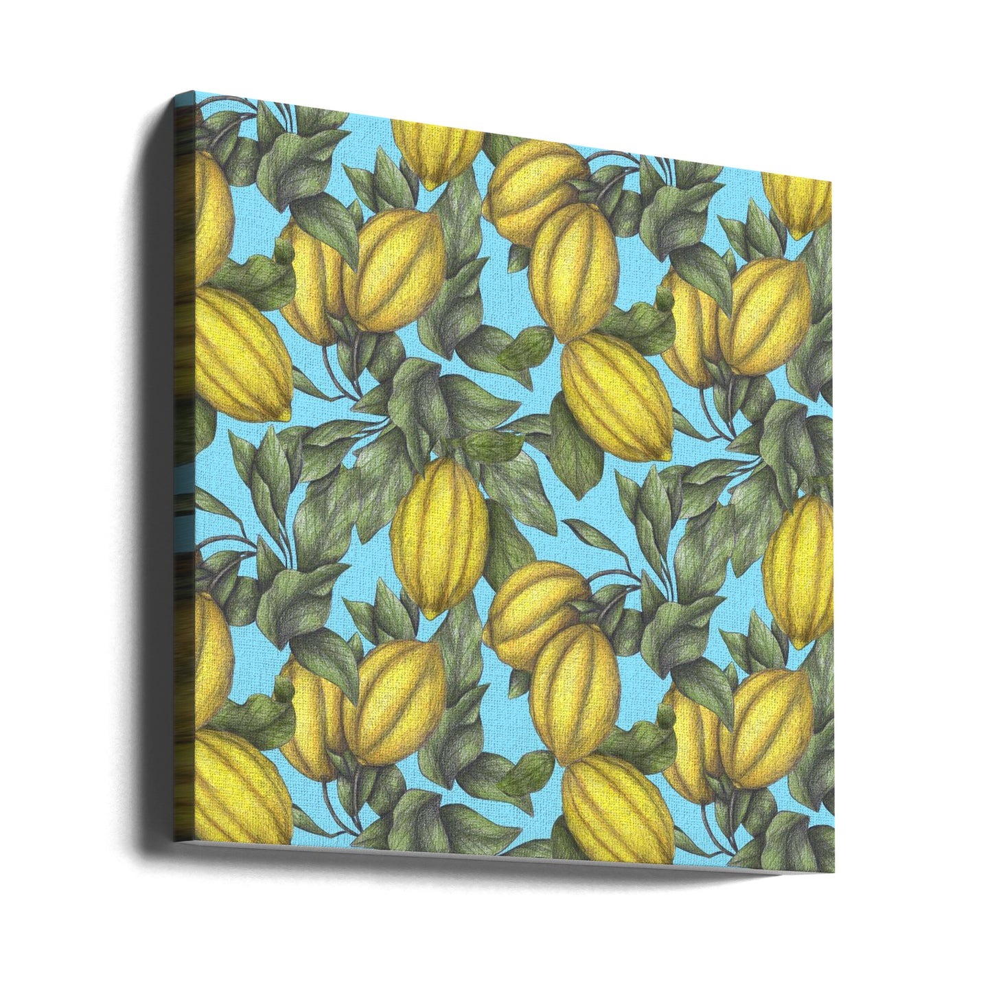 Muster einer gelben Zitrone mit grünen Blättern | Leinwand