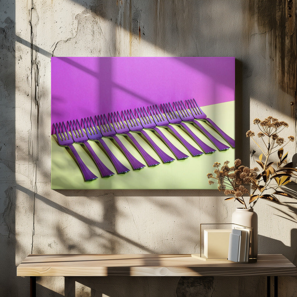 Tiivistelmä asetelma haarukoilla värikkäällä taustalla | Canvastaulut