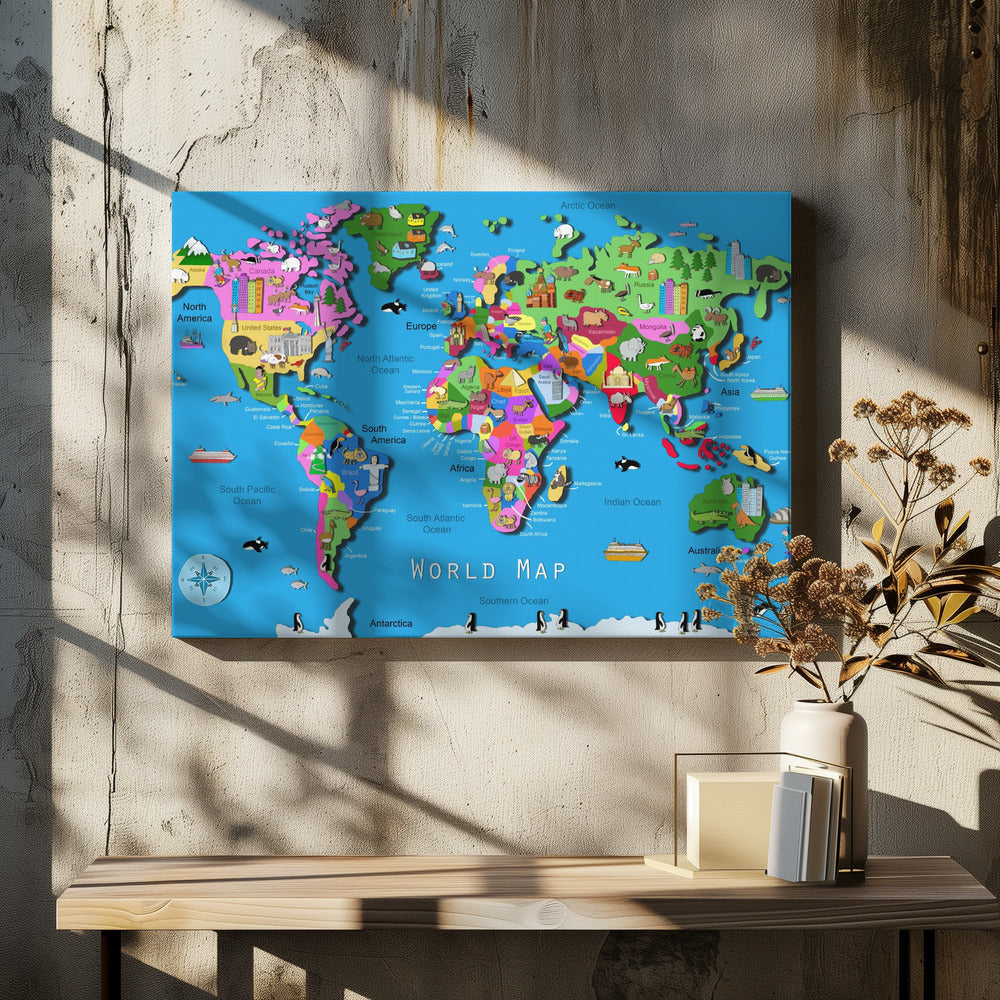 Illustrated World Map with Countries and Continents by Carla Daly | Canvas