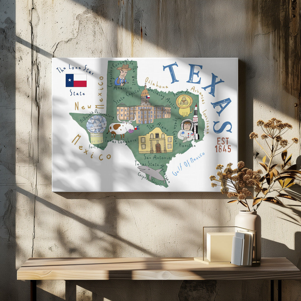 Texasin osavaltion kartta, kuvittanut taiteilija Carla Daly | Canvastaulut
