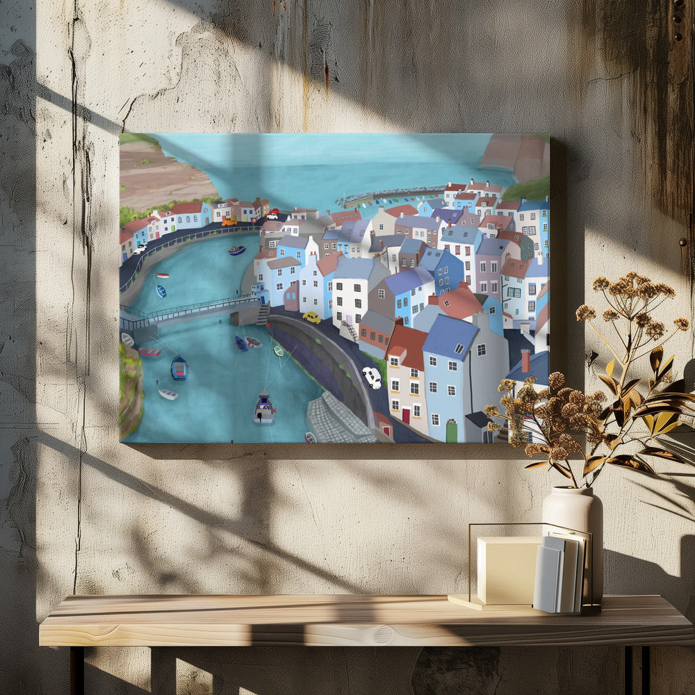Luftfoto af Staithes, Storbritannien af kunstneren Carla Daly | Lærredsbilleder