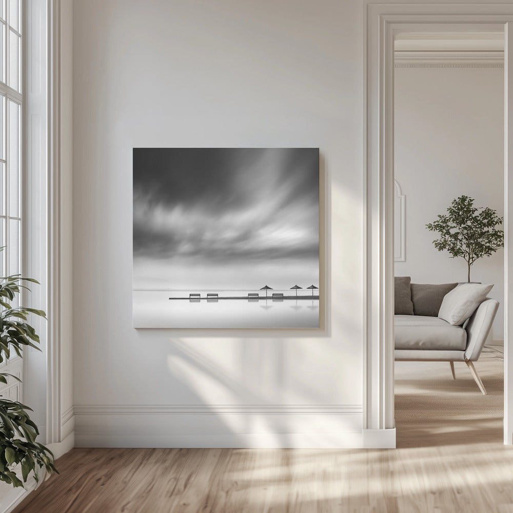 Quatre bancs et trois parasols | Tableaux sur Toile