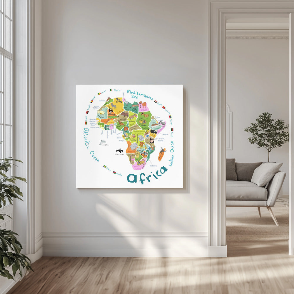 Kuvitettu Afrikan kartta maineen ja söpöine eläimineen, kirjoittanut Carla Daly | Canvastaulut