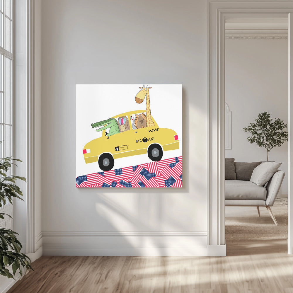 Zabawne zwierzęta w żółtej taksówce w Nowym Jorku autorstwa artystki Carli Daly | Wydruki na łótnie