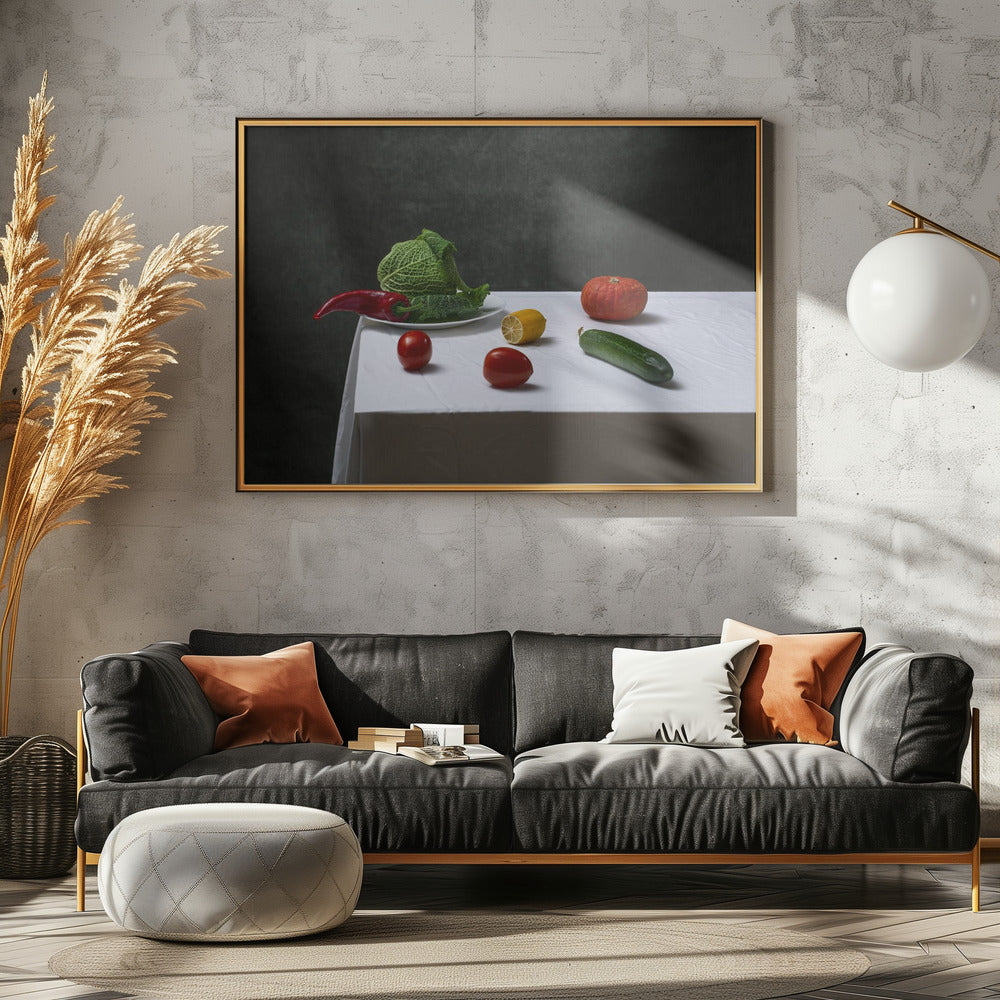 Stilleben med savoykål, tomater, gurka, röd paprika, citron och pumpa | Poster