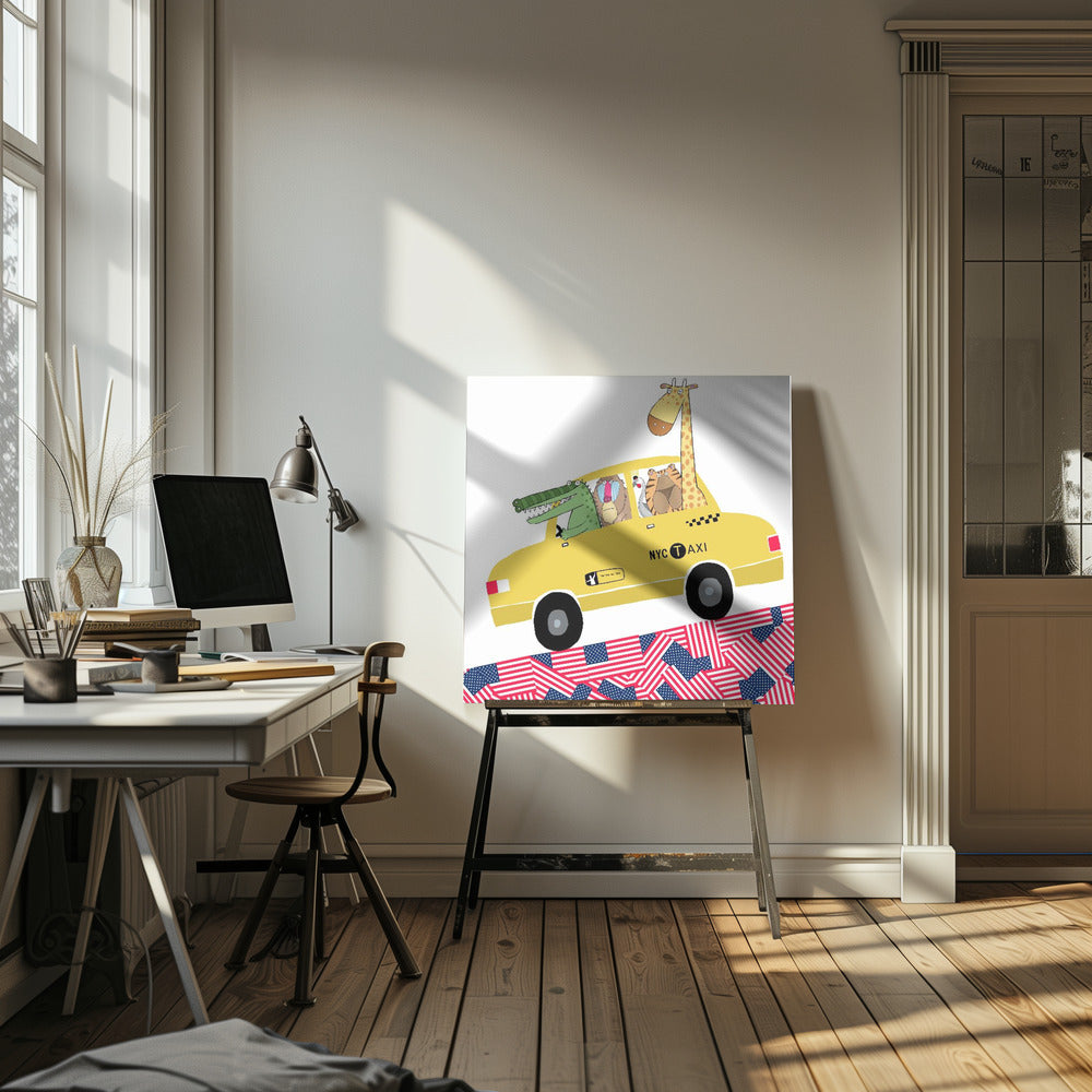 Zabawne zwierzęta w żółtej taksówce w Nowym Jorku autorstwa artystki Carli Daly | Wydruki na łótnie